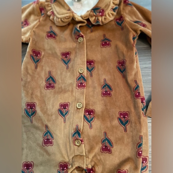 Snug Brown Velour red tulip print Kids Footie with matching Bow Headband -6/9M - Picture 6 of 8